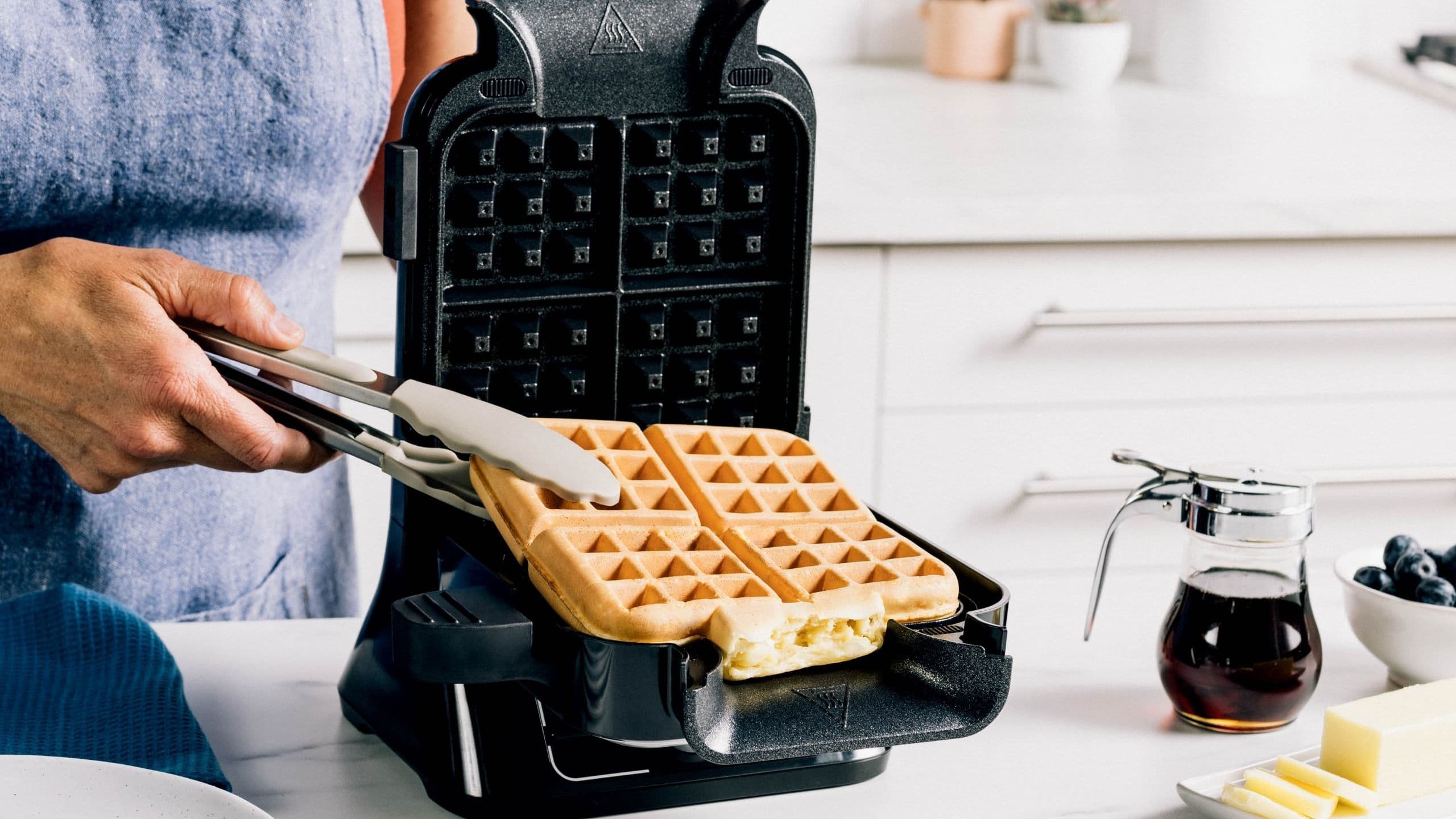 I've seen vertical waffle irons before, but Ninja's new mess-free design is the first to make authentic square Belgian waffles